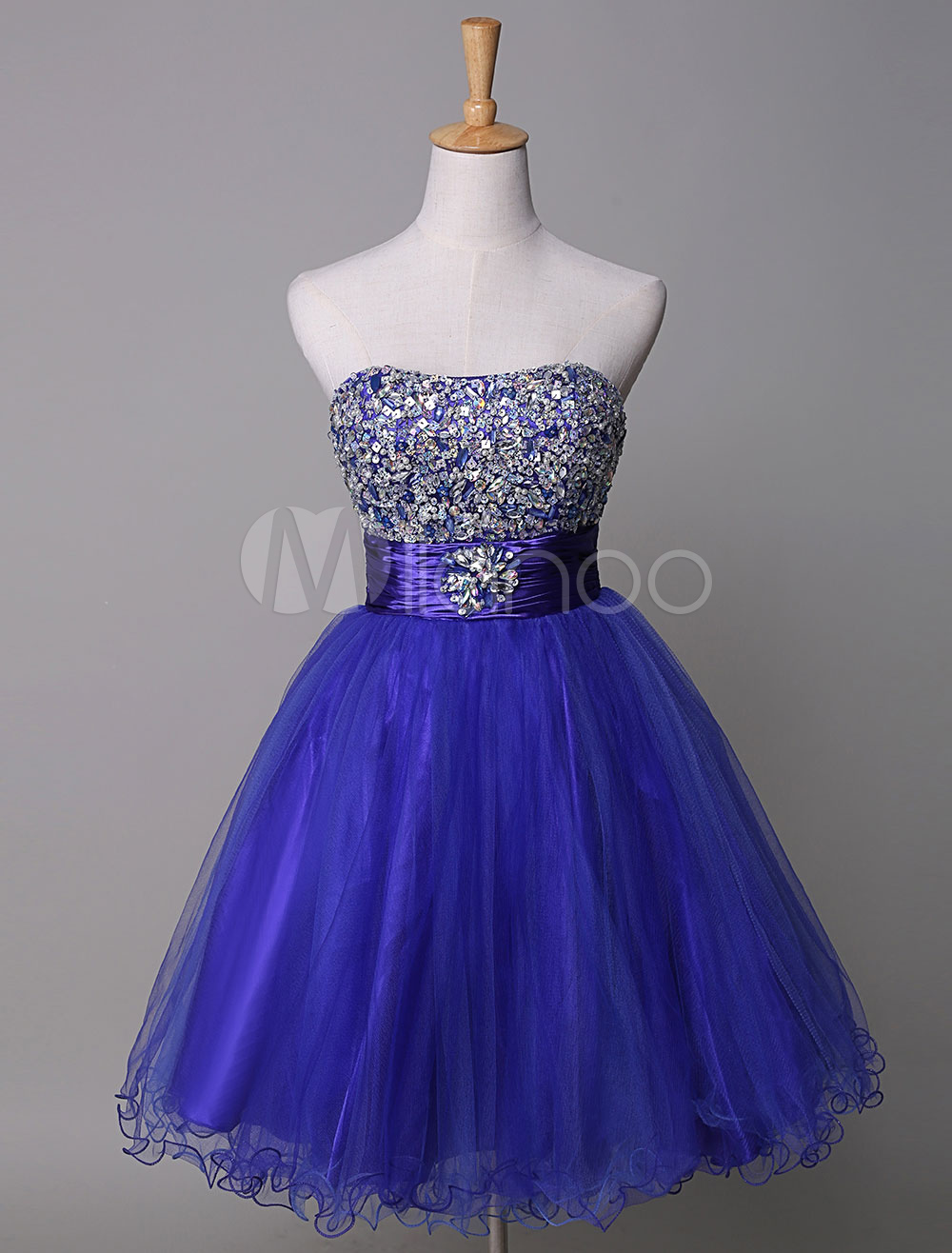 Strapless Prom Dress Royal Blue Rhinestone Beading Tulle A-Line Mini Homecoming Dress With Sash (Wedding Cheap Party Dress) photo