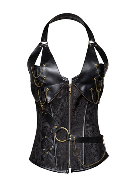 Black Steel Boned Steampunk Halterneck Corset With PU Trim and Chains steampunk buy now online