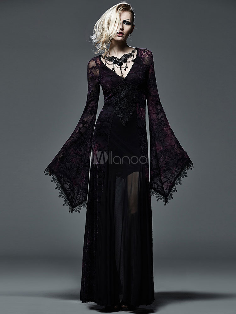 Dark Gothic Dress Lace Embroidery Trumpet Sleeves Steampunk Queen steampunk buy now online