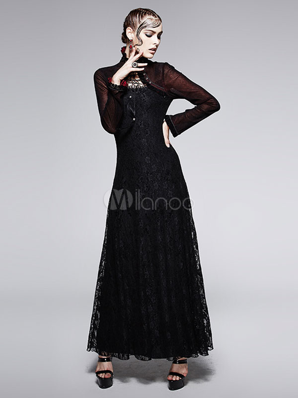 Black Gothic Lace Maxi Dress steampunk buy now online