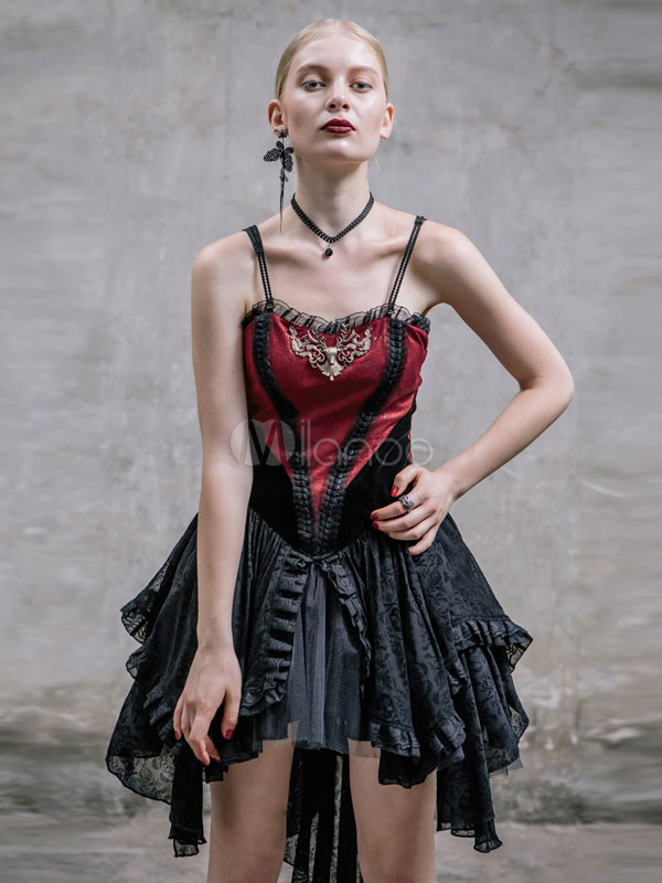 Burgundy Punk Gothic Dress Strapless Asymmetric Dress steampunk buy now online
