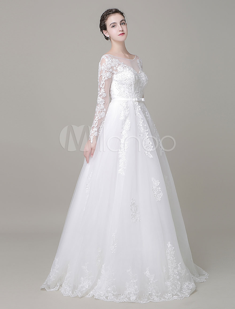 A-Line Wedding Dress Floor Length Long Sleeves Lace Beading Bridal Dress photo