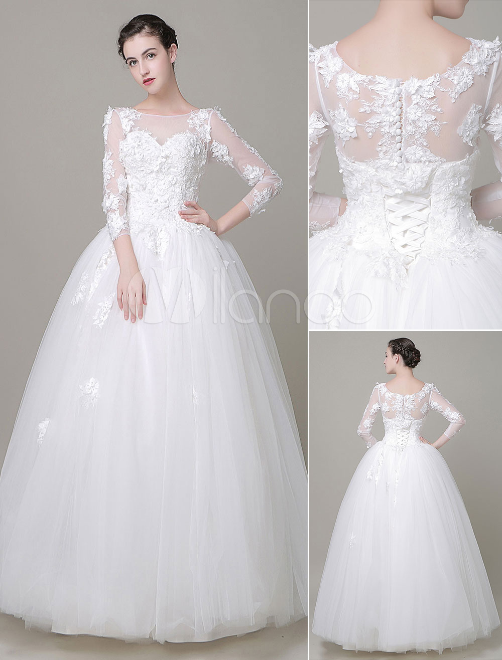 Lace Wedding Dress A-Line Long Sleeves Flower Beading Floor Length Bridal Dress photo