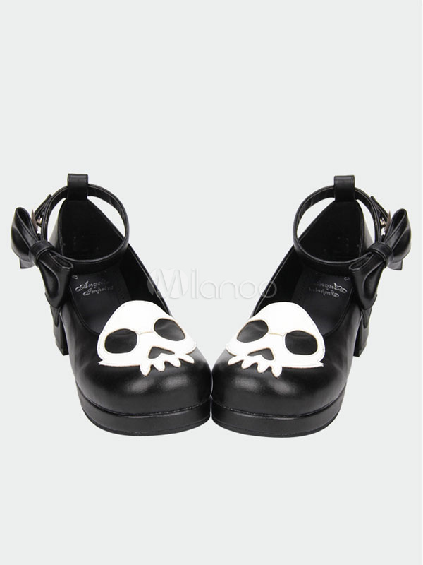 Gothic Black Lolita Shoes Square Heels White Skull Print Ankle Strap Bow Decor steampunk buy now online