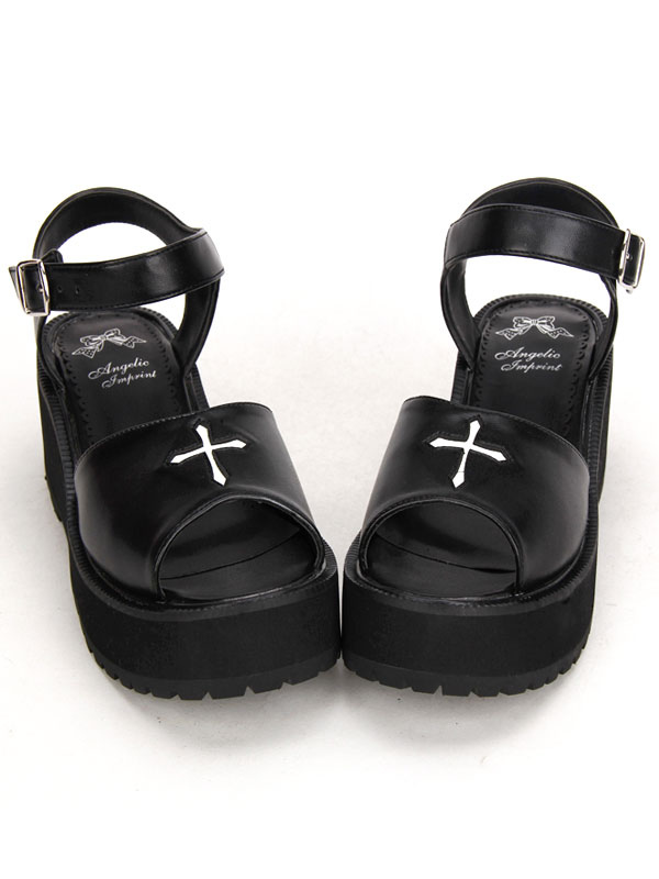 Gothic Black Lolita Platofrm Sandals White Cross Print Ankle Strap Buckle steampunk buy now online Gothic Black Lolita Platofrm Sandals White Cross Print Ankle Strap Buckle steampunk buy now online