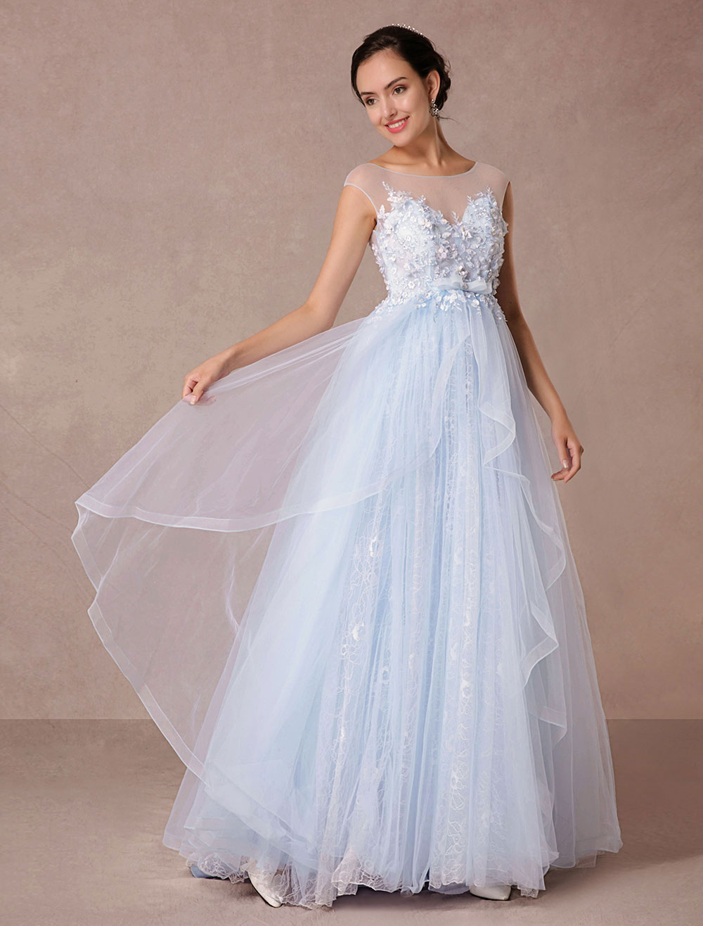 Blue Lace Wedding Dress Court Train Illusion Bridal Gown Applique 3D Flowers Luxury Evening Dress (Black Wedding Dress) photo