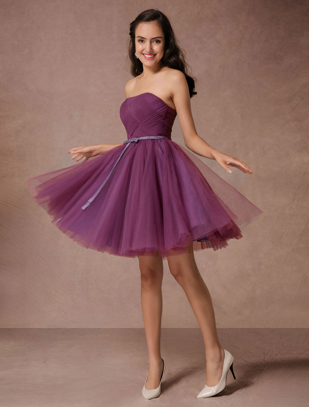 Short Bridesmaid Dress Plum Tulle Strapless Homecoming Dress Short Prom Dress Backless Woven Cocktail Dress With Sash (Wedding) photo