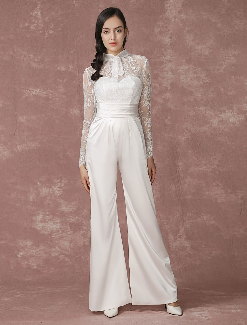 Lace Wedding Jumpsuits Long Sleeves Bridal Wedding Pants Back Illusion Satin A-line Culottes Bridal Dress Milanoo photo