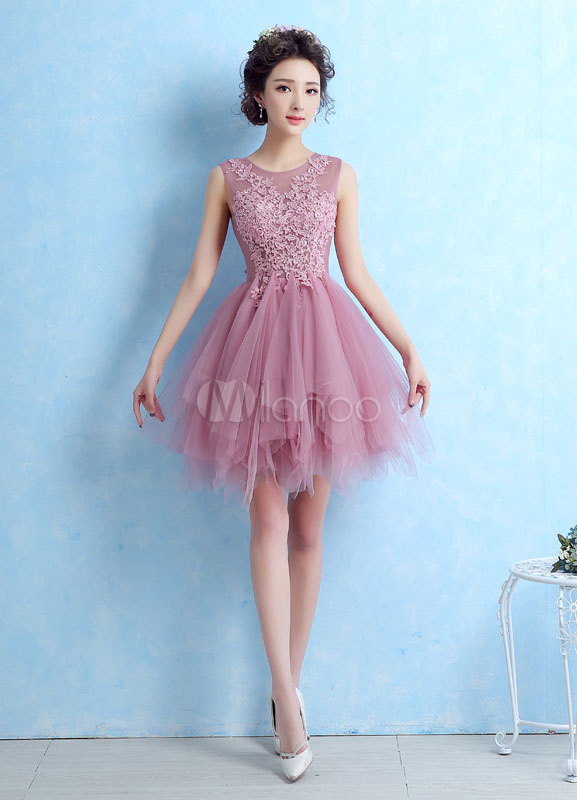 Tulle Cocktail Dress Illusion Lace Applique Prom Dress Cameo Pink Sleeveless Tiered Homecoming Dress (Wedding) photo