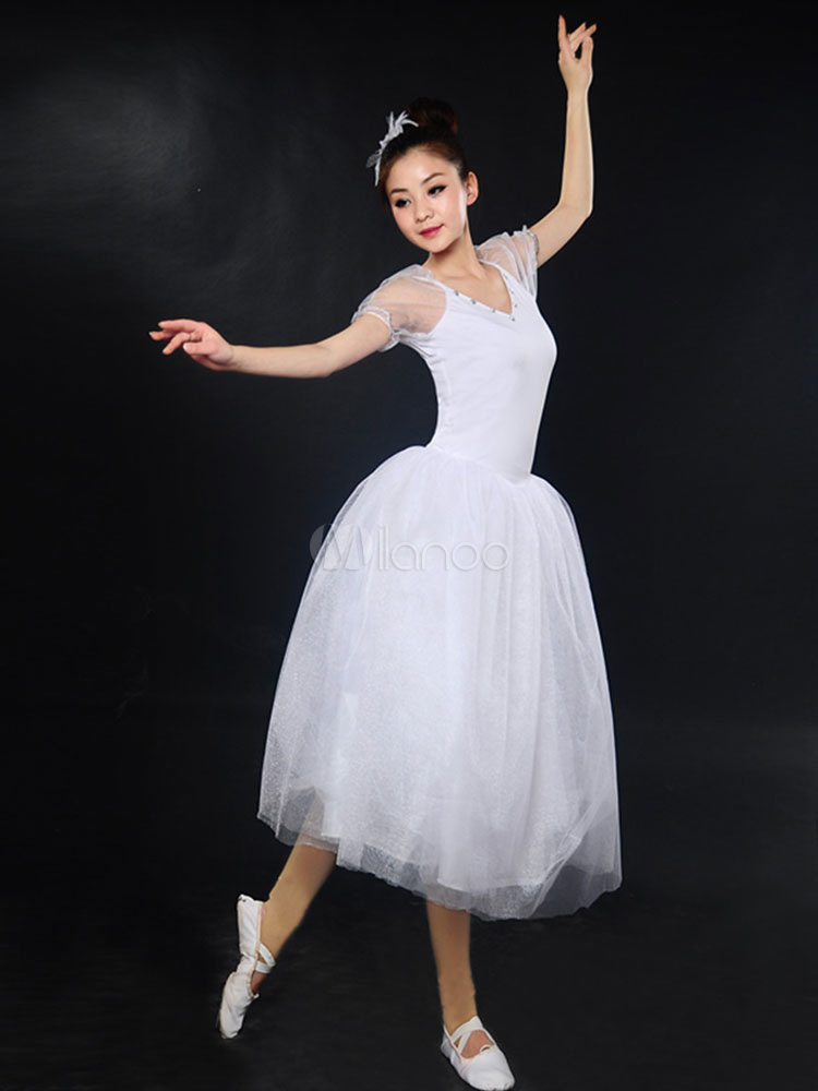 White Ballet Dress Illusion Sleeve Ballet Dance Costume Party Dresses