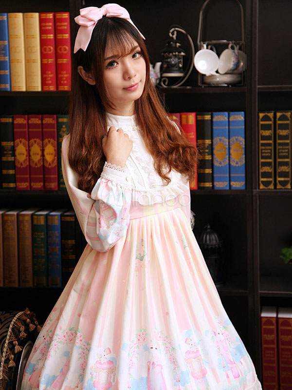 Sweet Lolita Dress OP Light Pink Lolita Dress Long Sleeve Printed Flare Chiffon Lolita Dress (Costumes) photo