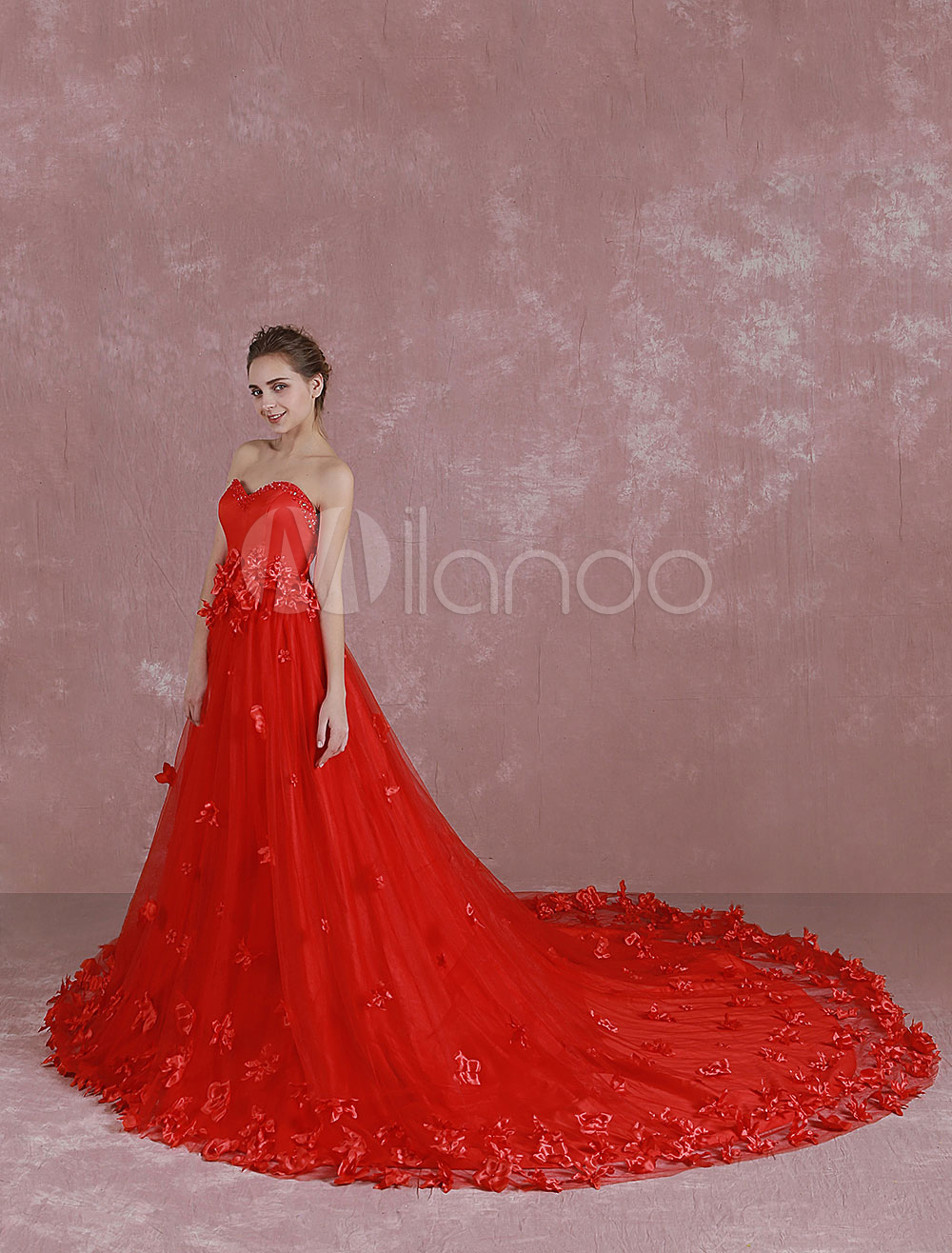 Red Wedding Dress Sweetheart Strapless Sequin Bridal Dress 3D Flowers Applique A Line Cathedral Train Evening Dress photo
