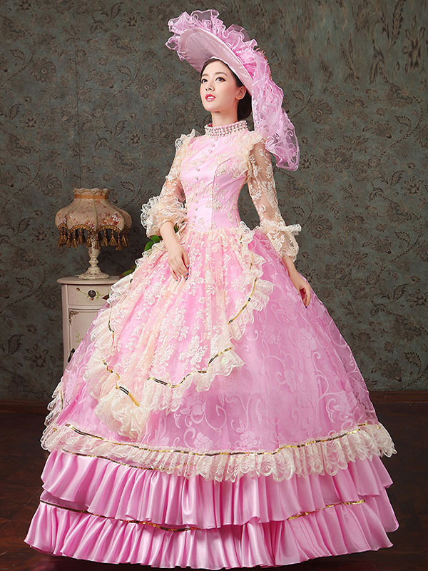 Women's Vintage Costume Victorian Royal Halloween Ball Gown Pink Lace Pageant Dress Halloween (Costumes) photo