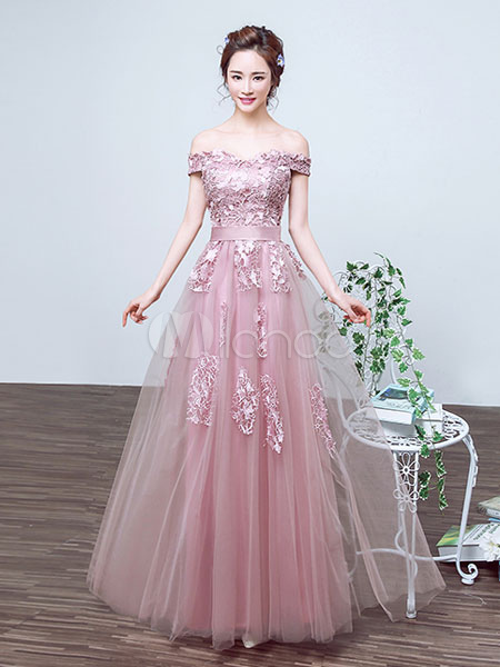 Pink Prom Dresses 2018 Long Tulle Off The Shoulder Prom Dress Lace Applique Ankle Length Occasion Dress (Wedding) photo