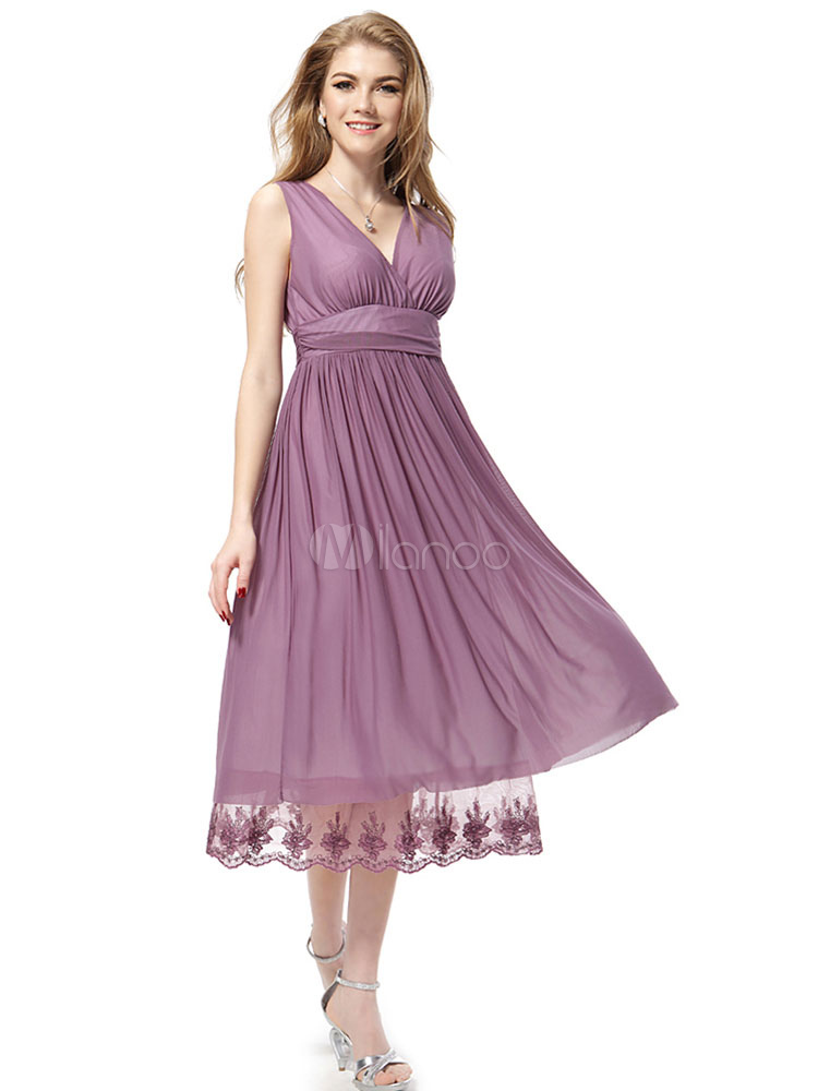 Chiffon Cocktail Dress Cameo Pink V Neck Party Dress Sleeveless Pleated A Line Tea Length Occasion Dress (Wedding Cocktail Dresses) photo