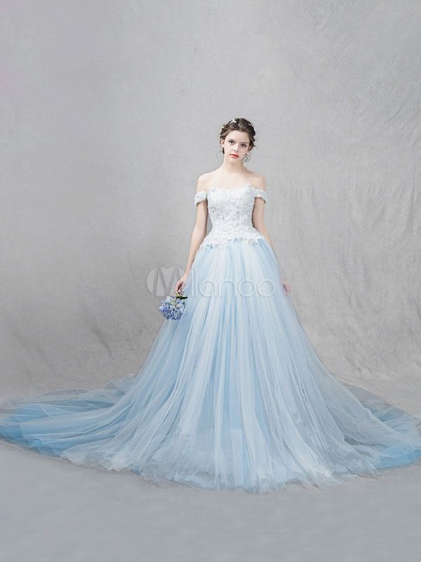 Tulle Wedding Dress Pastel Blue Off The Shoulder Bridal Dress Lace Beading A Line Luxury Bridal Gown With Cathedral Train photo