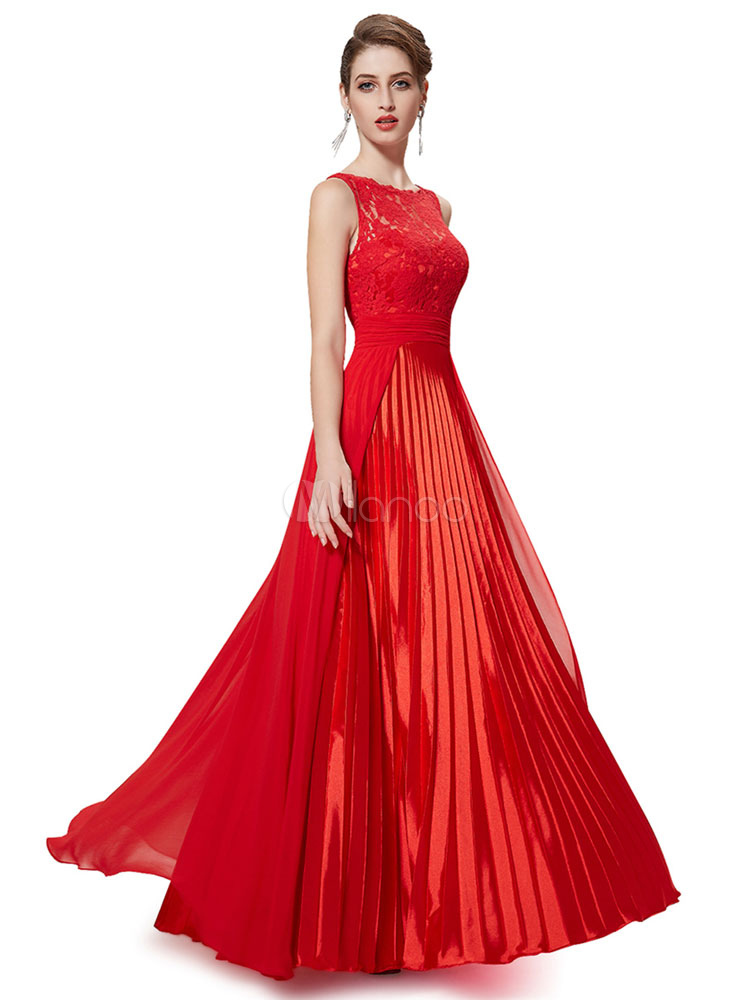 Red Formal Evening Dress Pleated Sleeveless Wedding Guest Dresses Satin Chiffon Floor Length Mother Of The Bride Dress photo