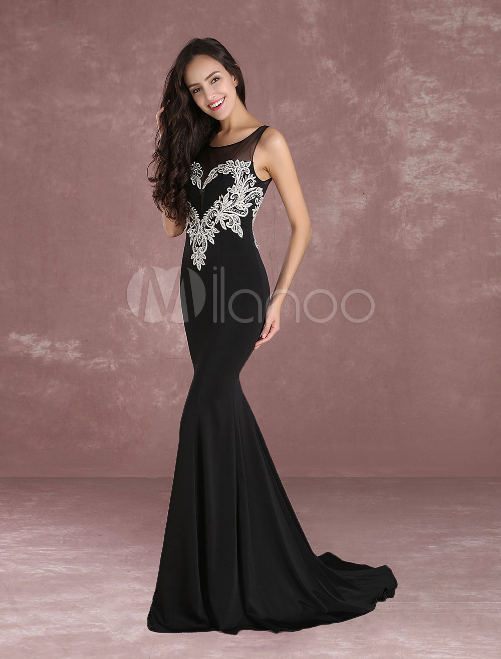 Mermaid Prom Dress Long 2018 Illusion Lace Applique Evening Dress Black Jewel Sleeveless Party Dress With Train (Wedding Prom Dresses) photo