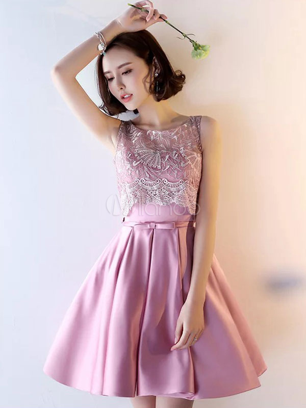 Satin Homecoming Dresses 2018 Fuchsia Pink Lace Prom Dress Keyhole Back Bow Sash A Line Short Cocktail Dress (Wedding) photo