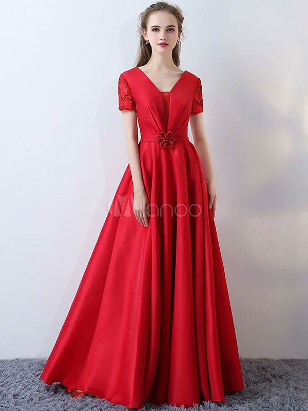 Satin Evening Dresses Burgundy Long Prom Dresses Short Sleeve V Neck Floor Length Formal Dress (Wedding) photo