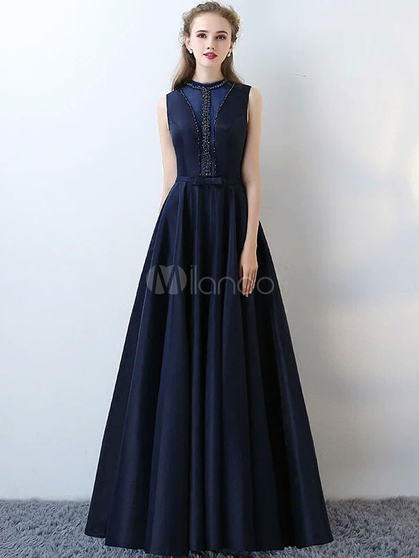 Dark Navy Evening Dresses Satin Beading Long Prom Dress Keyhole Floor Length Formal Dress (Wedding) photo