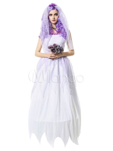 Scary Halloween Costume White Corpse Bride Women's Long Dress With Veil (Costumes Scary Costume) photo