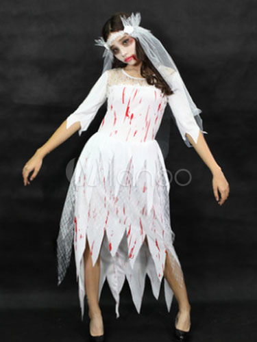 Women's Bride Costume Scary Halloween White Printed Dress With Veil (Costumes Scary Costume) photo