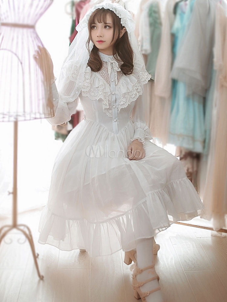 Lolita Wedding Dress OP One Piece Dresses Chiffon Stand Collar Ruffles Pleated Frills White Lolita Dresses (Costumes) photo