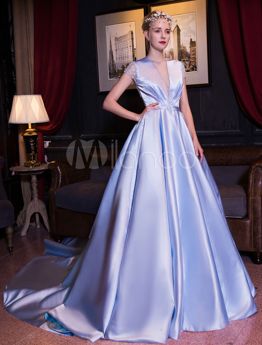 Satin Wedding Dress V Neck Backless Quinceanera Dress Beaded Plunging Illusion Baby Blue Long Train Bridal Gown (Quinceanera Dresses) photo