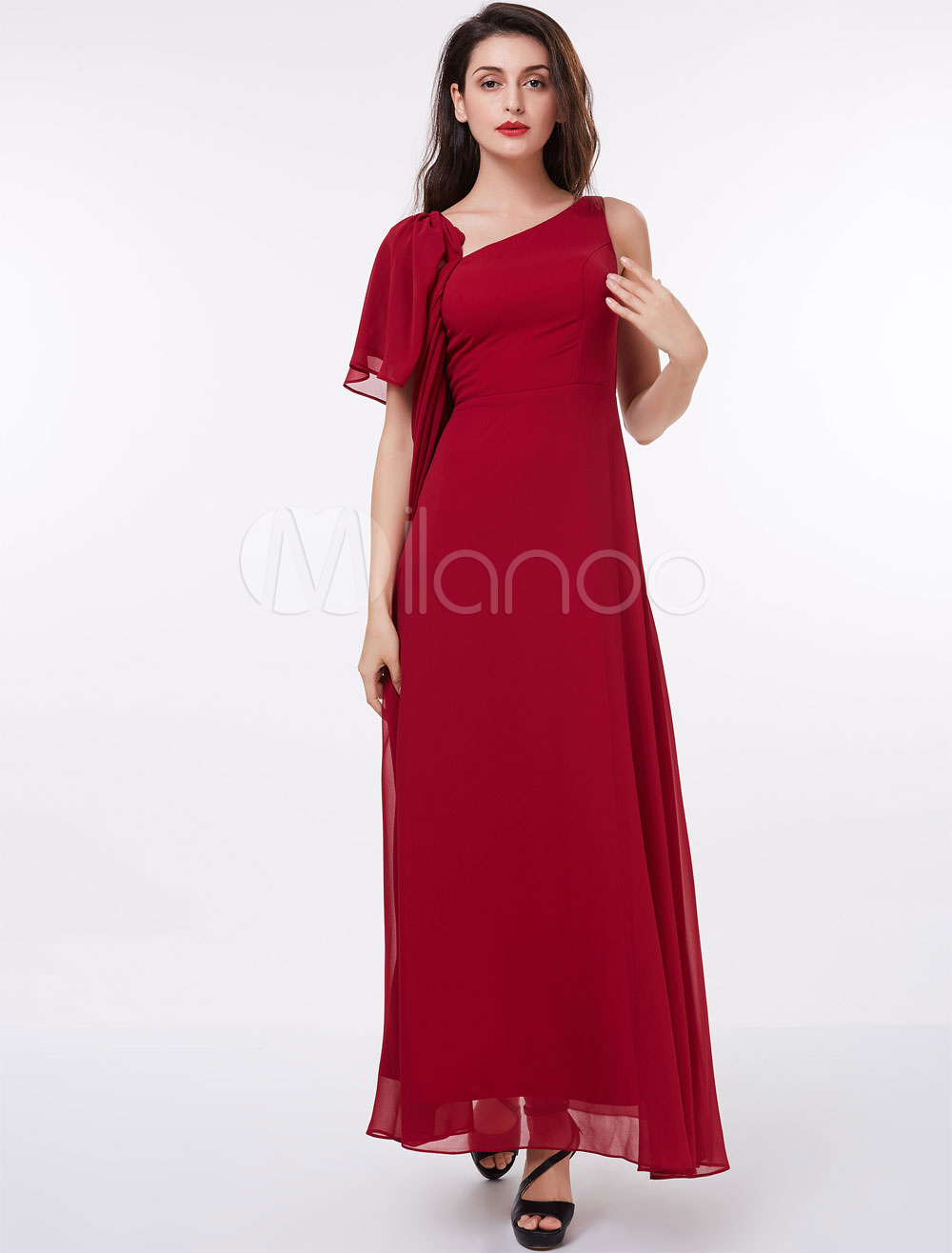 Mother Of The Bride Dresses Red Formal Dress One Sleeve Draped Floor Length Occasion Dress (Wedding) photo