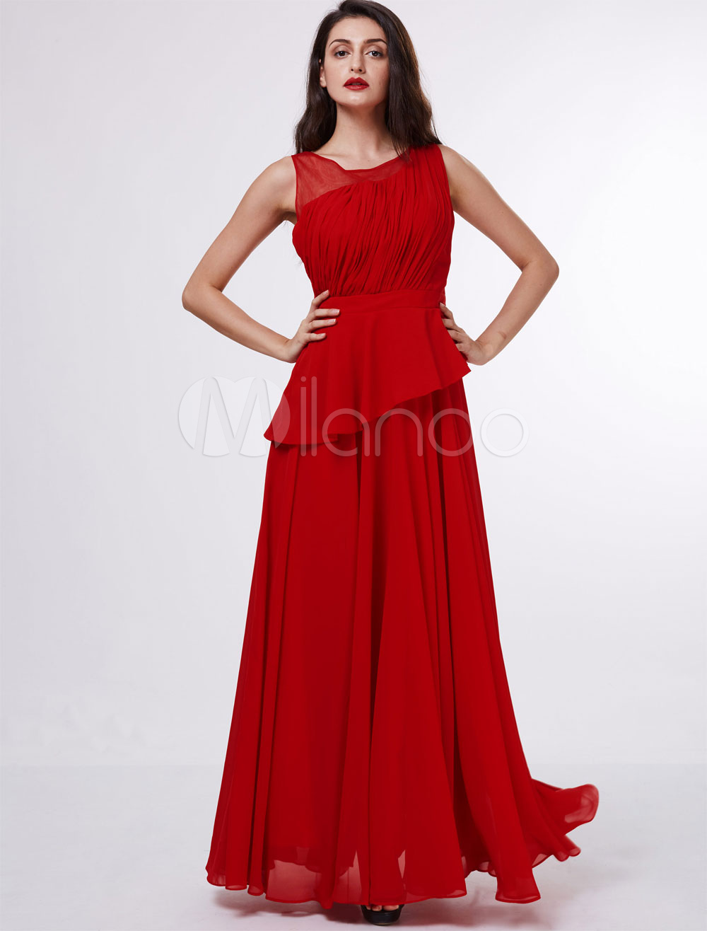 Mother Of The Bride Dresses Red Chiffon Asymmetrical Ruffles Floor Length Wedding Guest Dress photo