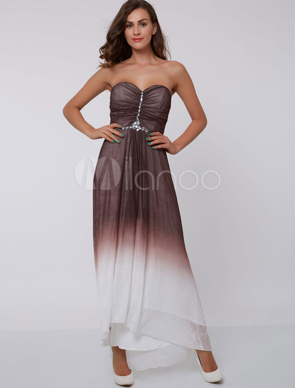 Long Prom Dresses Ombre Brown Strapless Formal Dress Sweetheart Pleated Beaded Wedding Guest Dresses photo