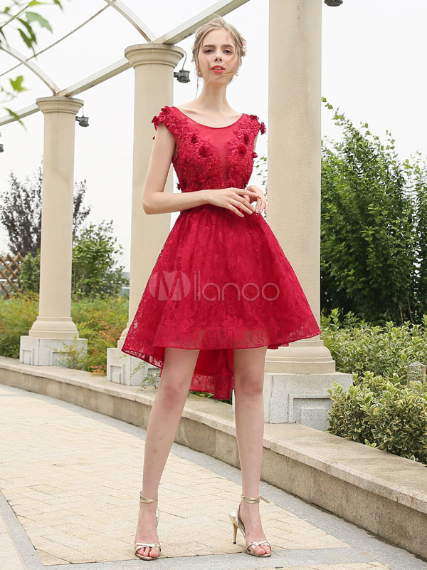 Cocktail Dresses Burgundy Lace High Low Short Homecoming Dress Keyhole Beaded Formal Wedding Guest Dresses (Cheap Party Dress) photo