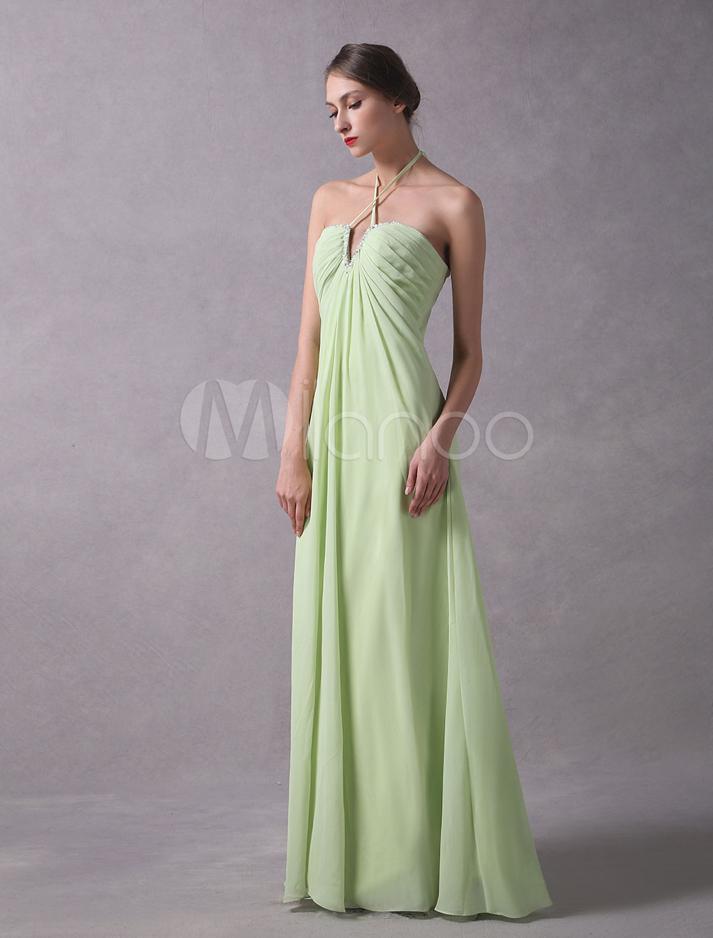 Prom Dresses Long Chiffon Neon Green Halter Backless Beaded Pleated Floor Length Formal Dress (Wedding) photo