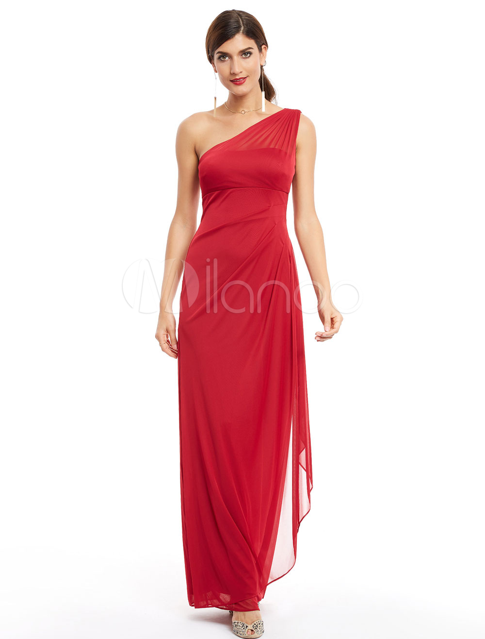 Burgundy Evening Dresses One Shoulder Long Prom Dress Ruched Floor Length Formal Dress (Wedding Cheap Party Dress) photo