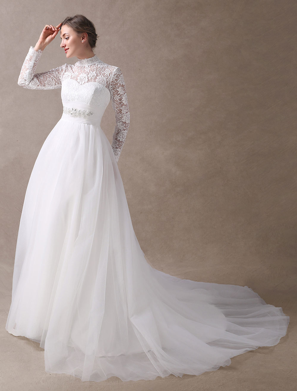 Gown Vintage Bridal Dress Lace Long Sleeve Beaded Sash High Collar Cutoff Illusion Retro Wedding Gowns With Train photo