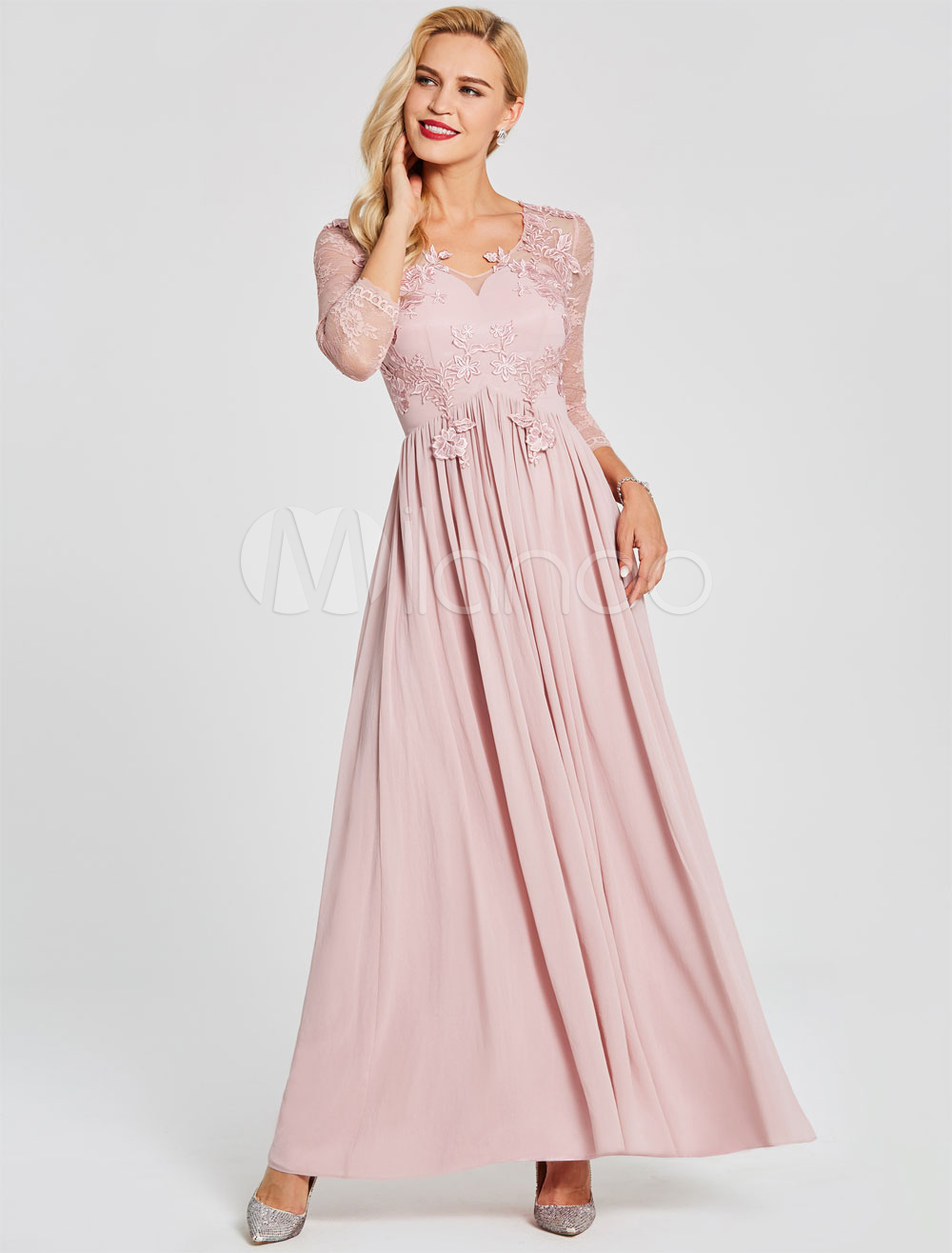 Prom Dresses Long Soft Pink Chiffon Formal Gowns Long Sleeve Applique Illusion Party Dresses (Wedding Cheap Party Dress) photo