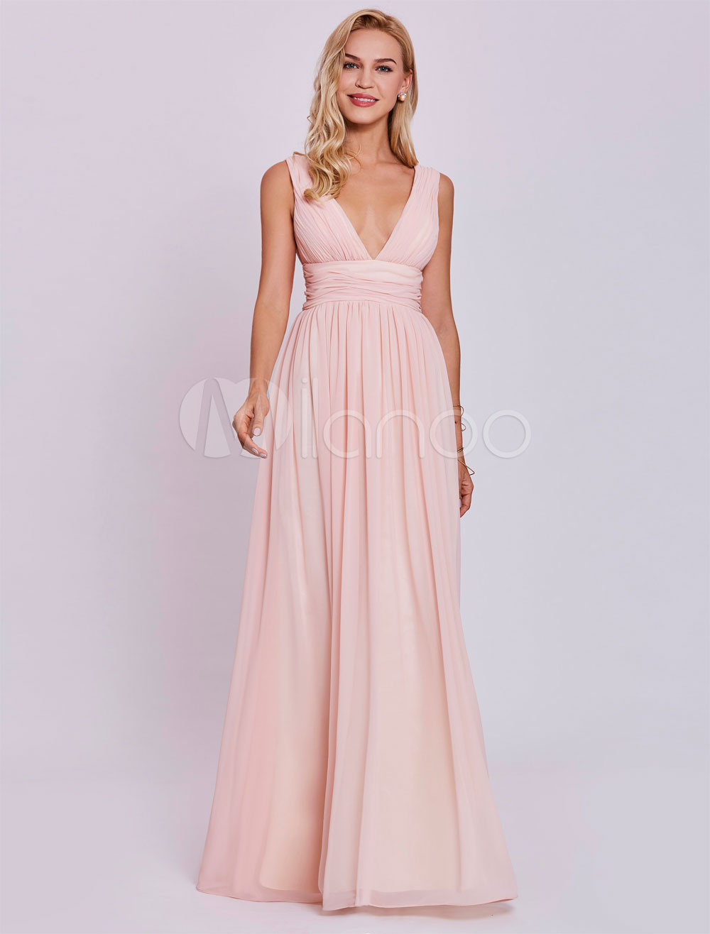 Prom Dresses Long Soft Pink Evening Gown Sexy V Neck Plunging Ruched Chiffon Floor Length Formal Dress (Wedding Cheap Party Dress) photo
