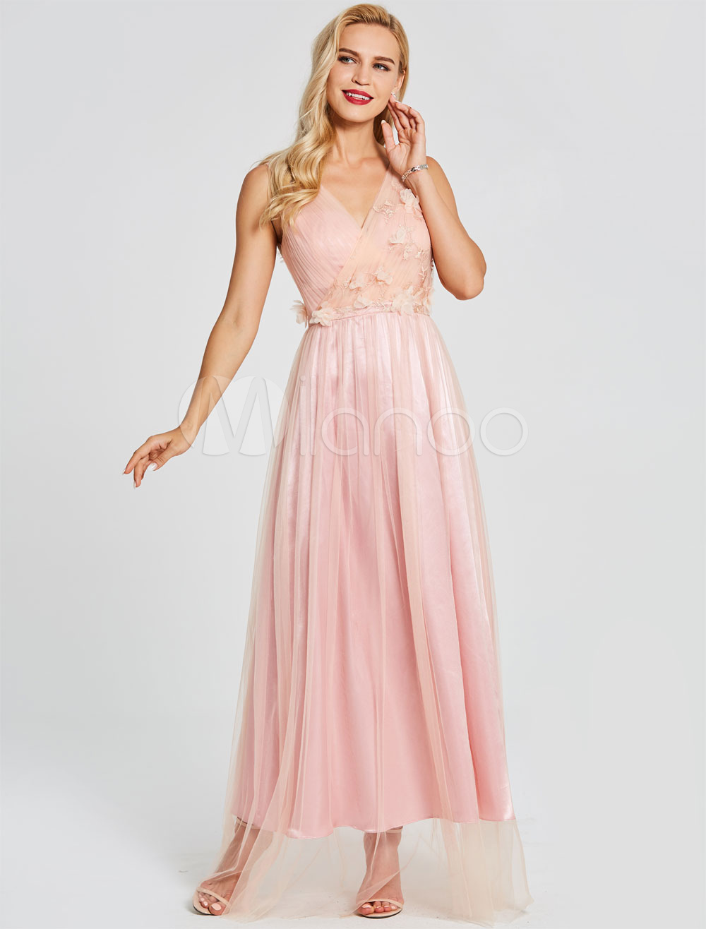 Prom Dresses Long Soft Pink Formal Gowns V Neck Applique Ankle Length Party Dresses (Wedding Cheap Party Dress) photo