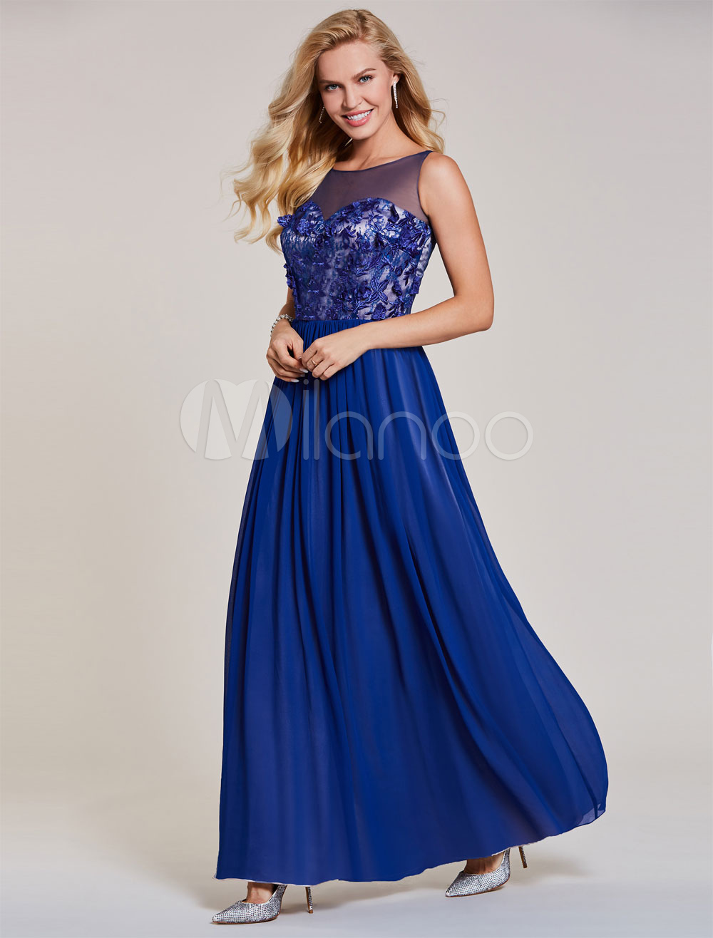 Long Prom Dresses Royal Blue Chiffon Lace Sweetheart Illusion Sleeveless Floor Length Formal Party Dress (Wedding Cheap Party Dress) photo