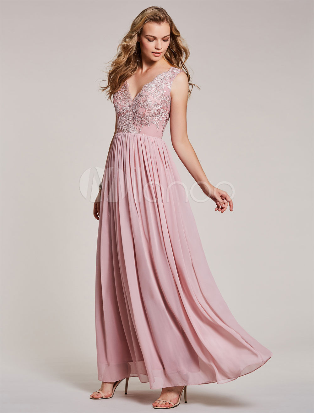 Long Prom Dresses Chiffon Lace Applique V Neck Cameo Pink Sleeveless Floor Length Formal Evening Gowns (Wedding Cheap Party Dress) photo