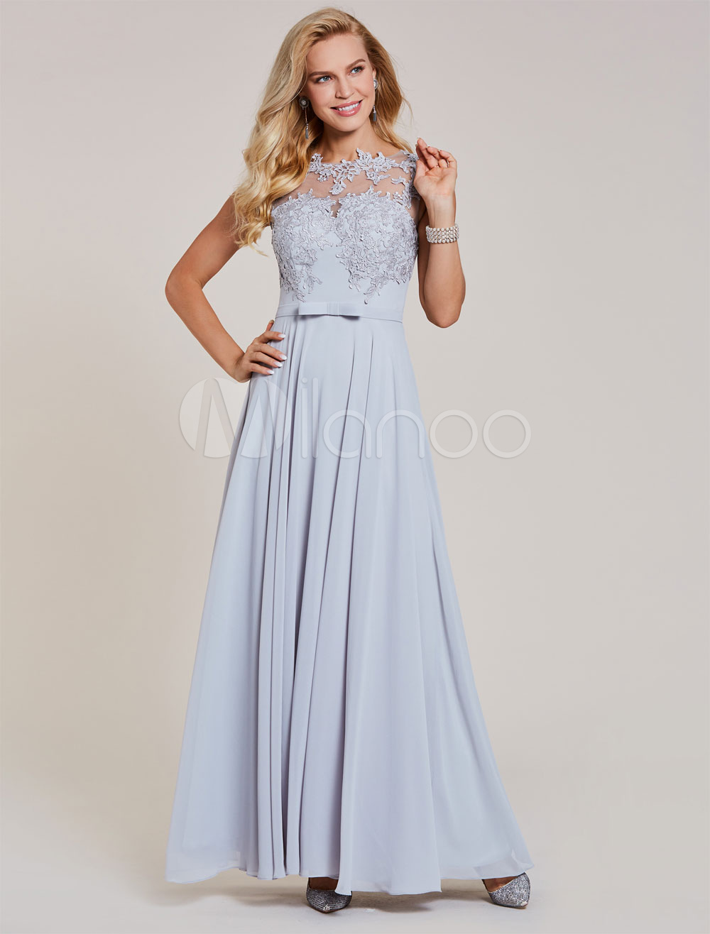 Silver Prom Dresses Long Chiffon Evening Gowns Lace Applique Illusion Floor Length Bow Sash Formal Occasion Dress (Wedding Cheap Party Dress) photo