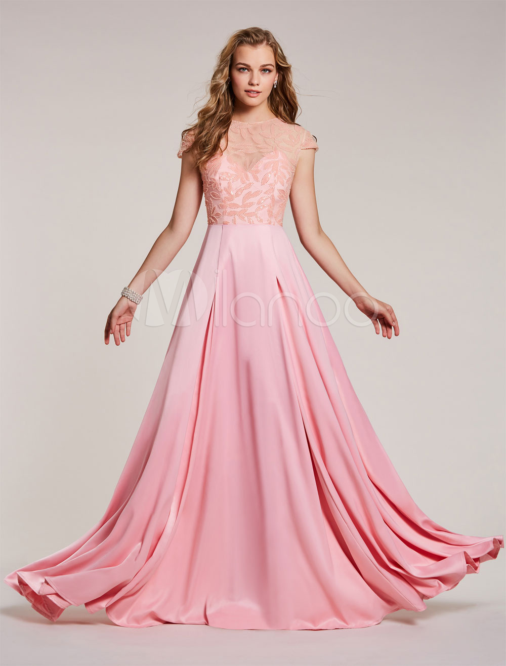 Prom Dresses Long Soft Pink Satin Cap Sleeve Beading Floor Length Formal Gowns (Wedding Cheap Party Dress) photo
