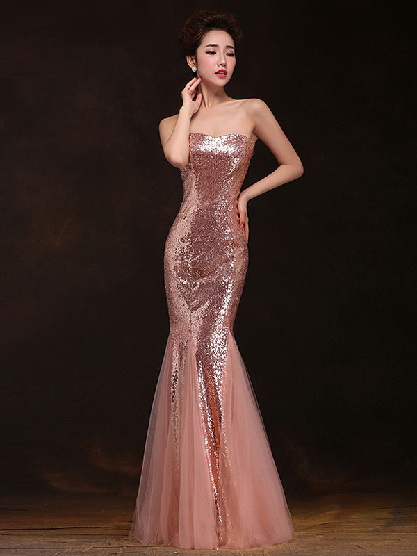 Mermaid Prom Dresses Long Sequin Evening Dress Strapless Cameo Pink Formal Gowns (Wedding Cheap Party Dress) photo