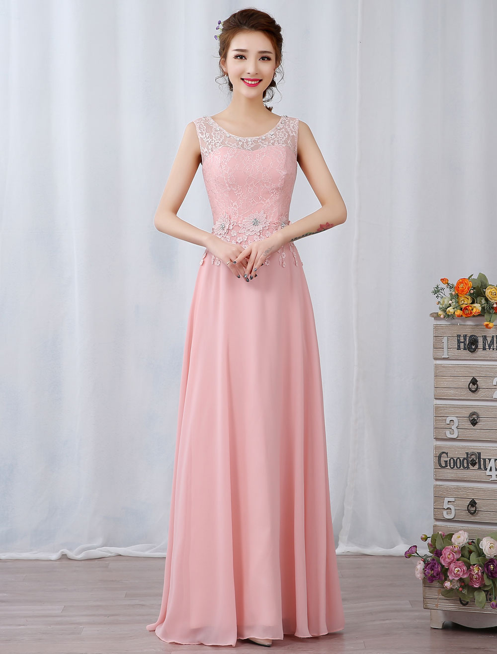 Long Prom Dresses Soft Pink Party Dresses Chiffon Keyhole Lace Applique Beaded Floor Length Formal Dress (Wedding Cheap Party Dress) photo