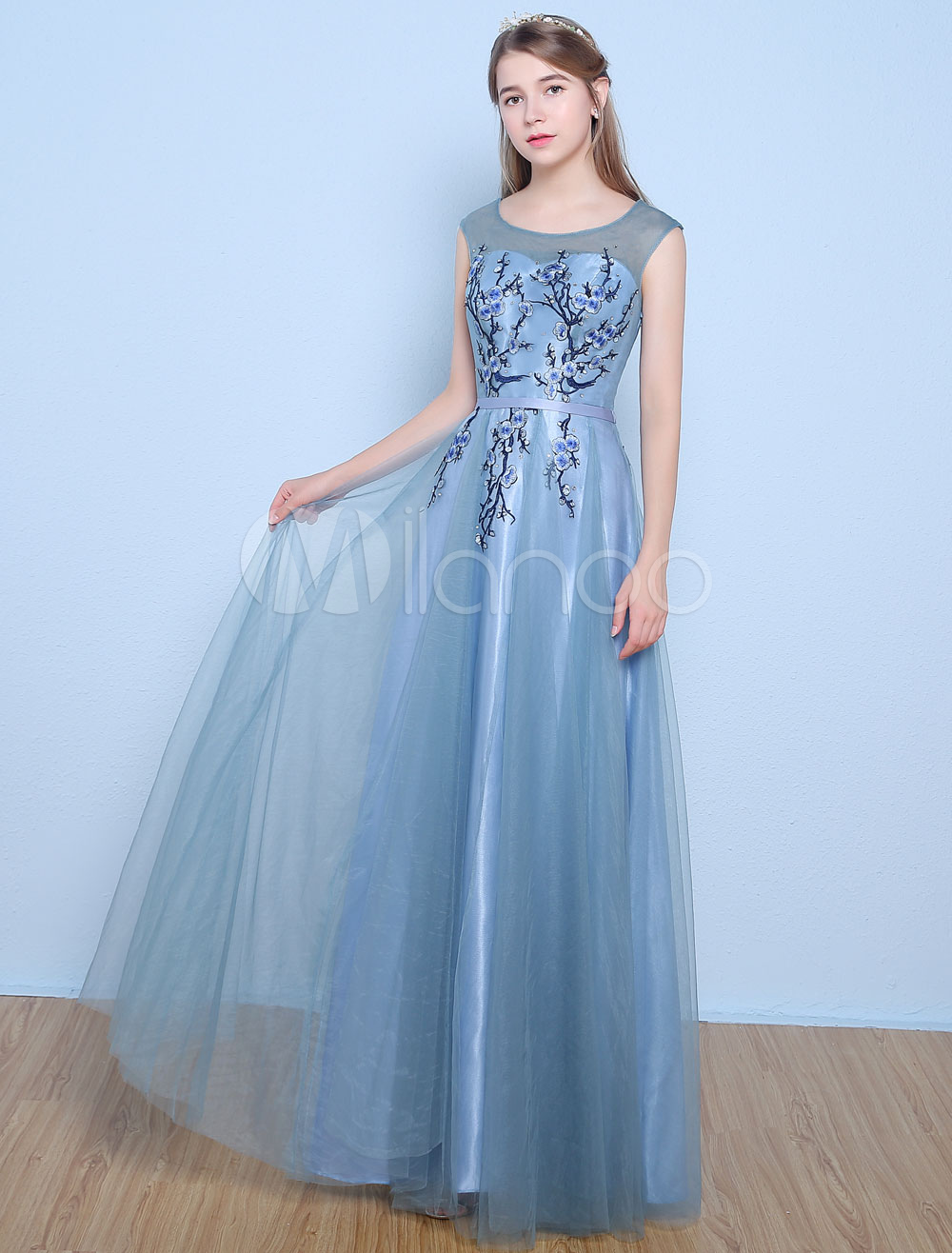 Prom Dresses Long Baby Blue Sleeveless Flowers Embroidered Floor Length Formal Party Dress (Wedding Cheap Party Dress) photo