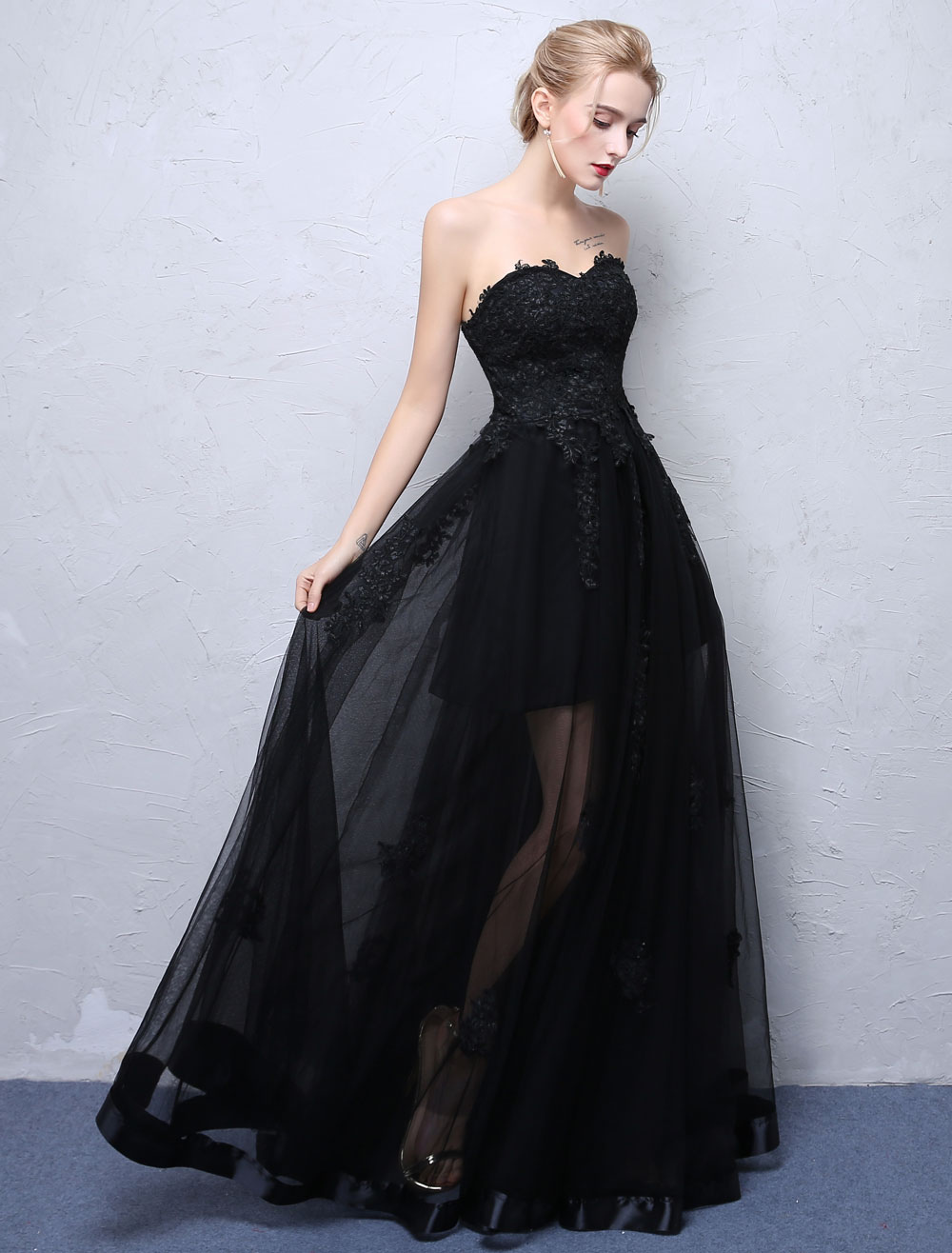 Black Prom Dresses Strapless Long Party Dress Lace Applique Sweetheart Illusion Formal Evening Dress (Wedding Cheap Party Dress) photo