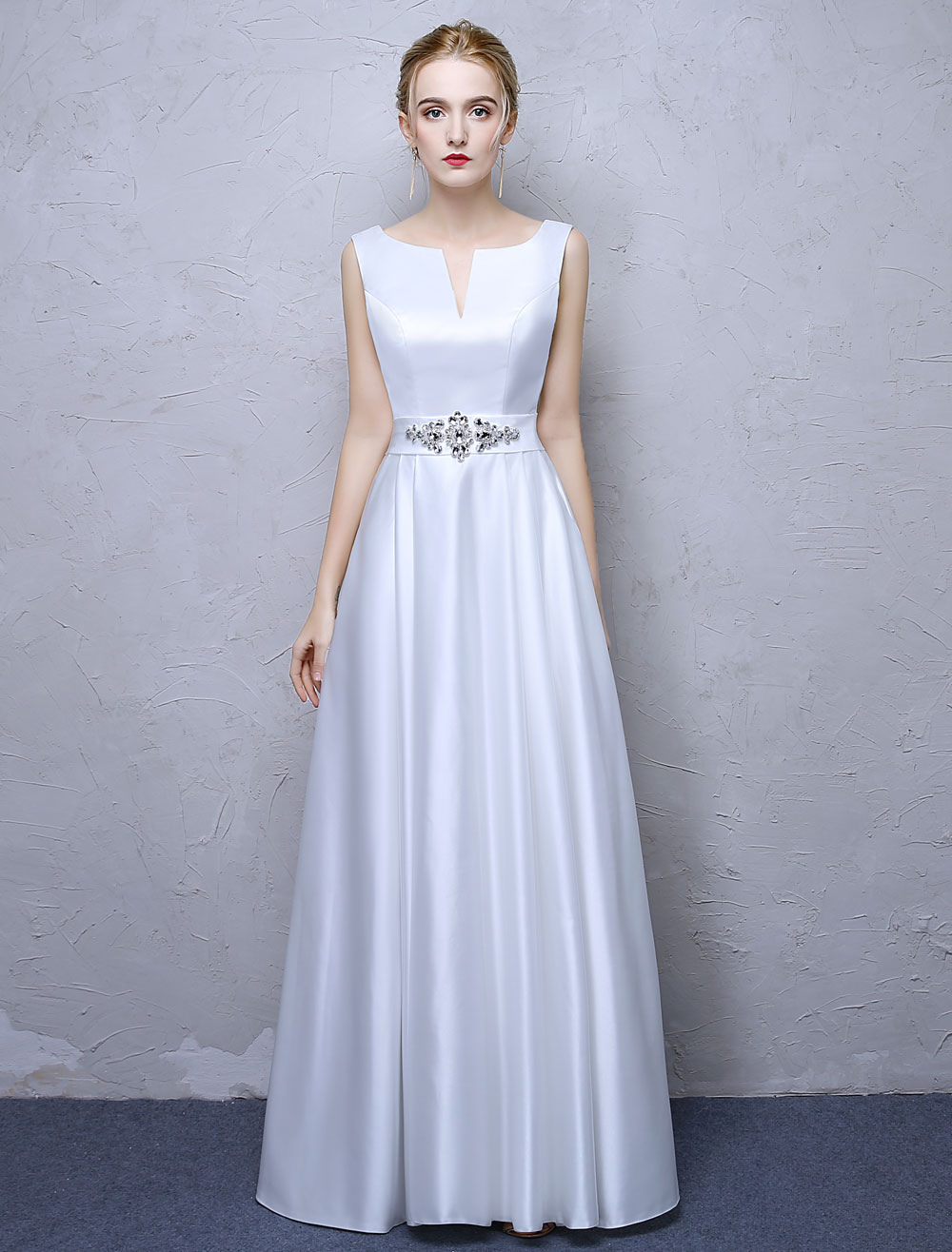White Prom Dresses Satin Long Formal Dress Notched Neckline Rhinestones Beaded Sash Floor Length Formal Gowns (Wedding Cheap Party Dress) photo