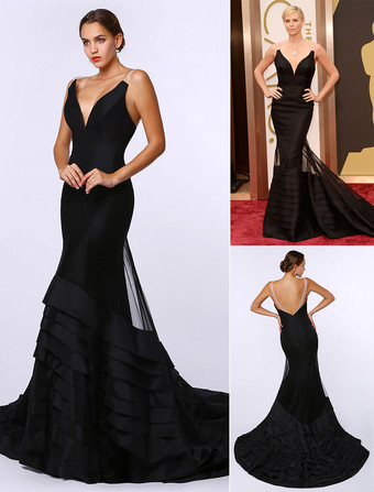Robe de soirée sirène en tulle noir multicouche à col V