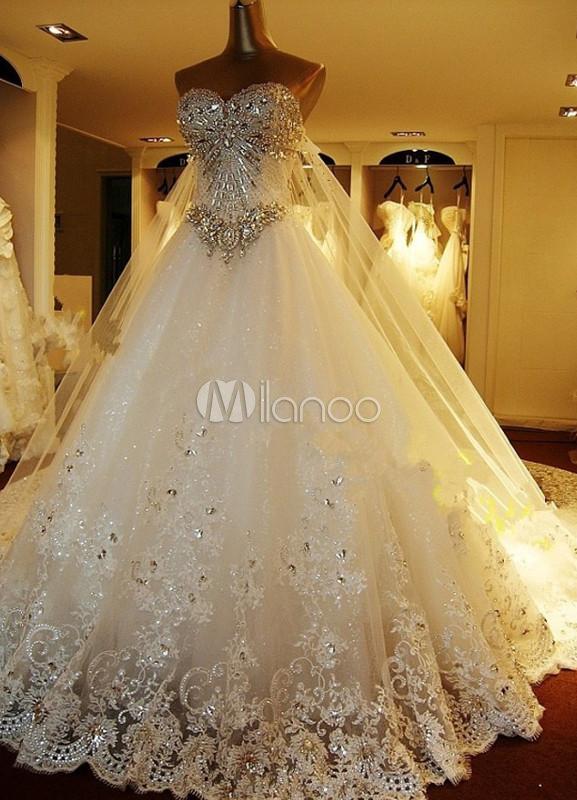 Vestido de novia de tul con escote en corazón y pedrería - Milanoo.com